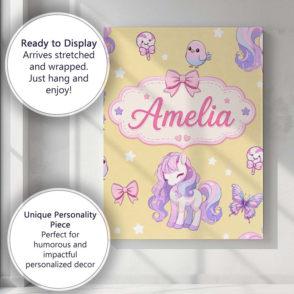 Personalised Name Cute Unicorn Pastel Stars Custom Bespoke Interior Contemporary Canvas Wall Art Print Decor Picture Ready to Hang