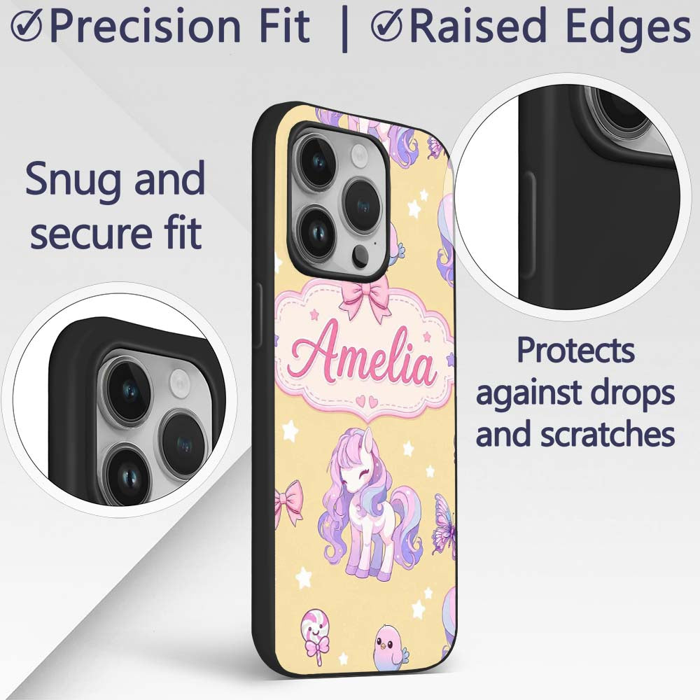 Cute Unicorn Pastel Stars Birds Bows Candy Yellow Custom Name Protective Phone Case Mobile Cover Durable Everyday Smartphone Shock Resistant