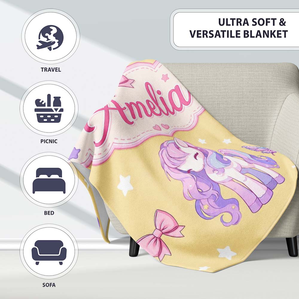 Cute Unicorn Pastel Stars Birds Bows Candy Yellow Seamless Pattern Personalised Custom Name Super Soft Fleece Blanket Bed Sofa Throw