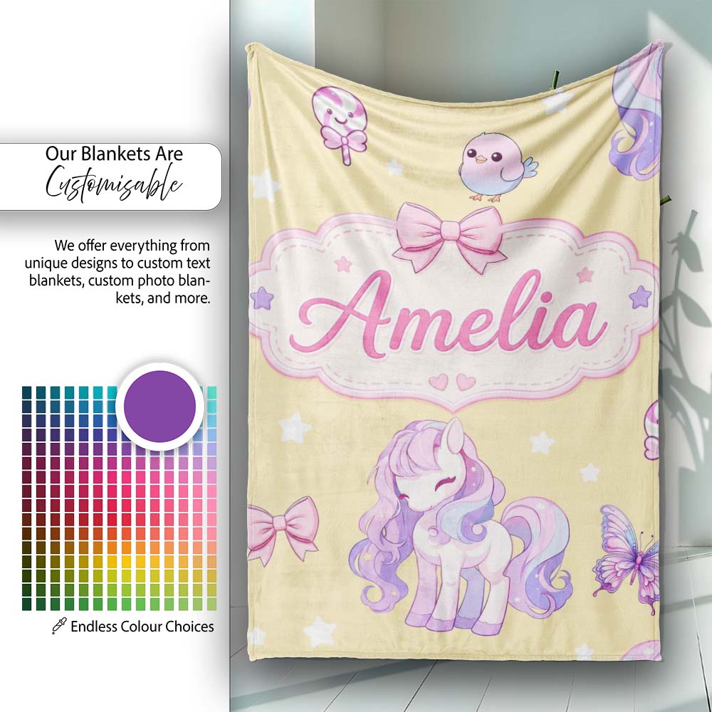Cute Unicorn Pastel Stars Birds Bows Candy Yellow Seamless Pattern Personalised Custom Name Super Soft Fleece Blanket Bed Sofa Throw