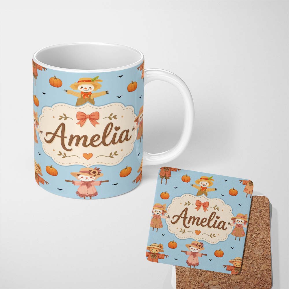 Personalized Custom Name Cute Autumn Scarecrow Pumpkins Birds Blue Seamless Pattern Name 11oz Ceramic Coffee Tea Mug White Large Handle