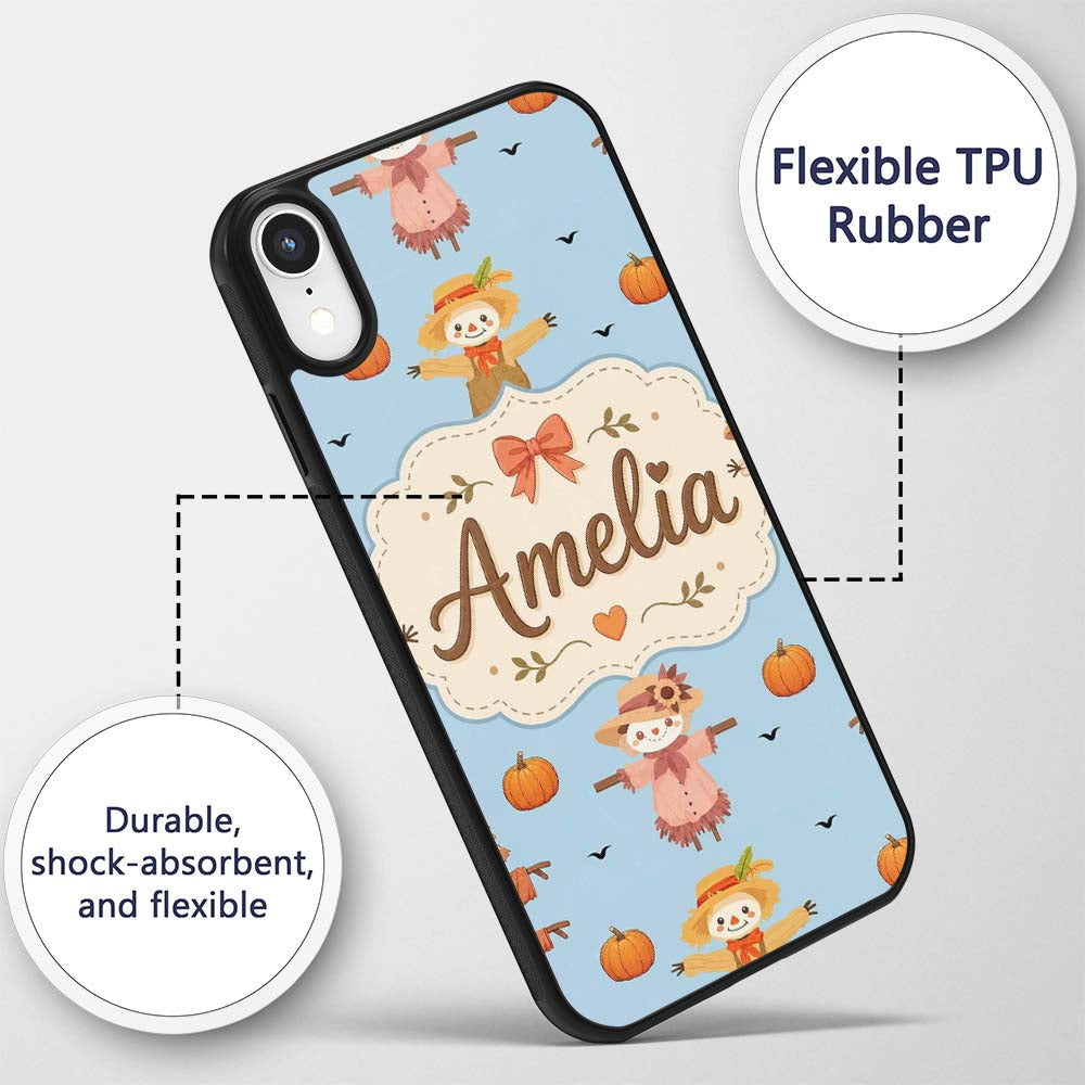 Cute Autumn Scarecrow Pumpkins Printed Design Custom Name Protective Phone Case Mobile Cover Durable Everyday Smartphone Shock Resistant