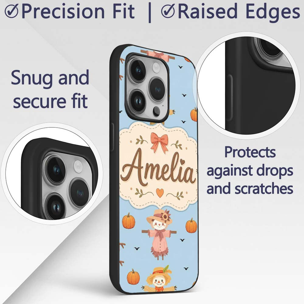 Cute Autumn Scarecrow Pumpkins Printed Design Custom Name Protective Phone Case Mobile Cover Durable Everyday Smartphone Shock Resistant