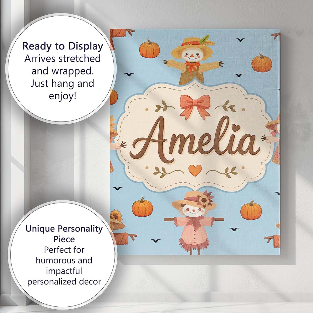 Personalised Name Cute Autumn Scarecrow Custom Modern Room Accent Elegant Feature Canvas Wall Art Print Decor Picture Ready to Hang