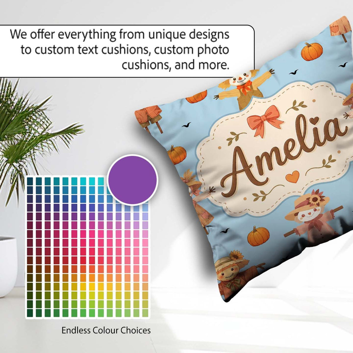 Custom Name Autumn Scarecrow Pumpkins Blue Seamless Pattern Name Square Filled Cushion Throw Pillow Sofa Bed Home Decor Zip Washable UK Made