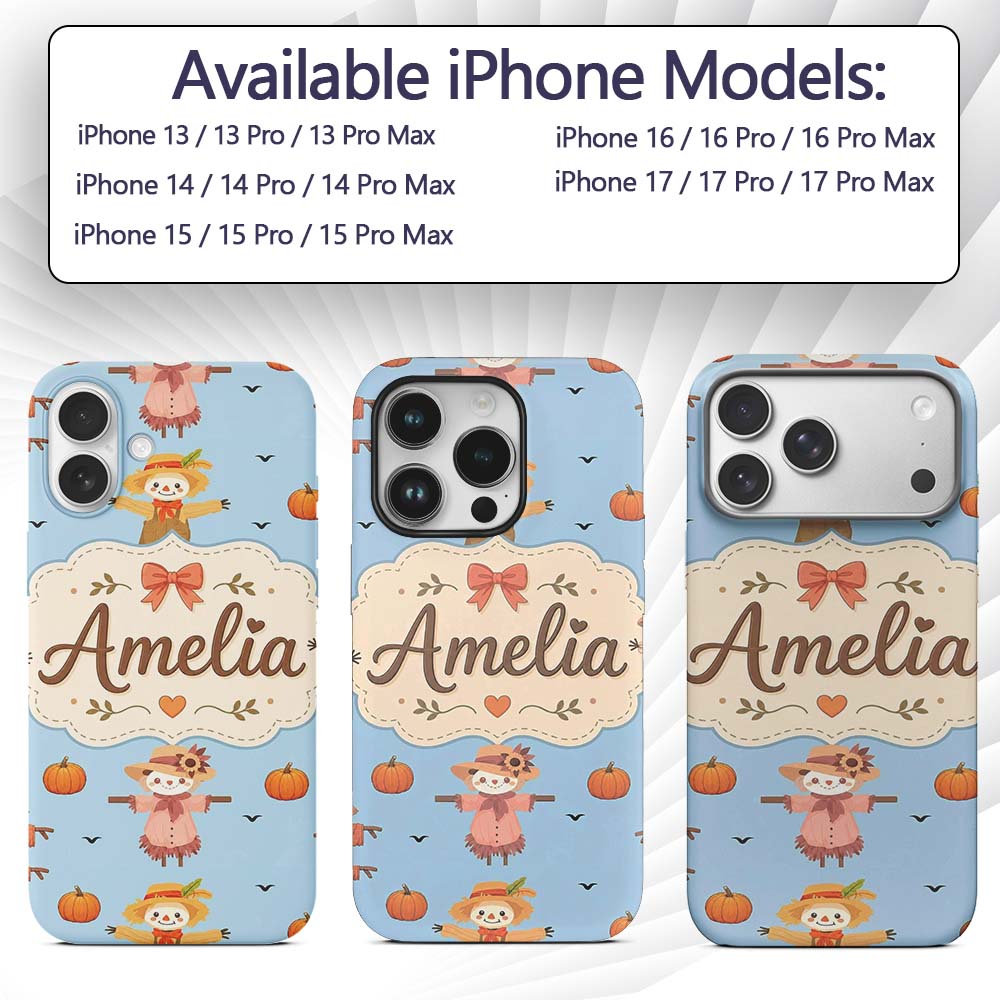 Cute Autumn Scarecrow Pumpkins Printed Design Custom Name Protective Phone Case Mobile Cover Durable Everyday Smartphone Shock Resistant