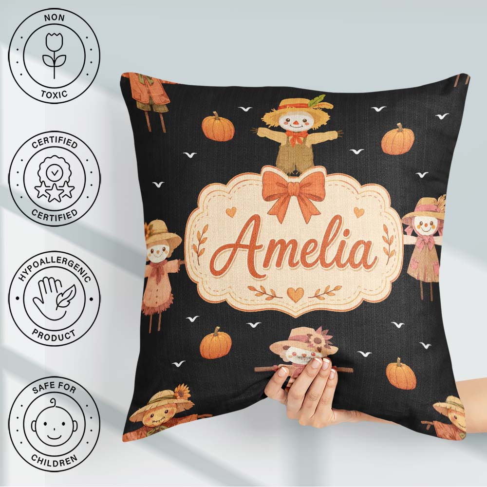 Custom Name Scarecrow Pumpkins Birds Black Seamless Pattern Name Square Filled Cushion Throw Pillow Sofa Bed Home Decor Zip Washable UK Made