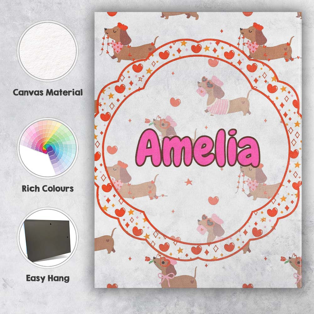 Personalised Name Cute Dachshund Valentine Hearts Love Seamless Custom Statement Canvas Wall Art Print Decor Picture Ready to Hang