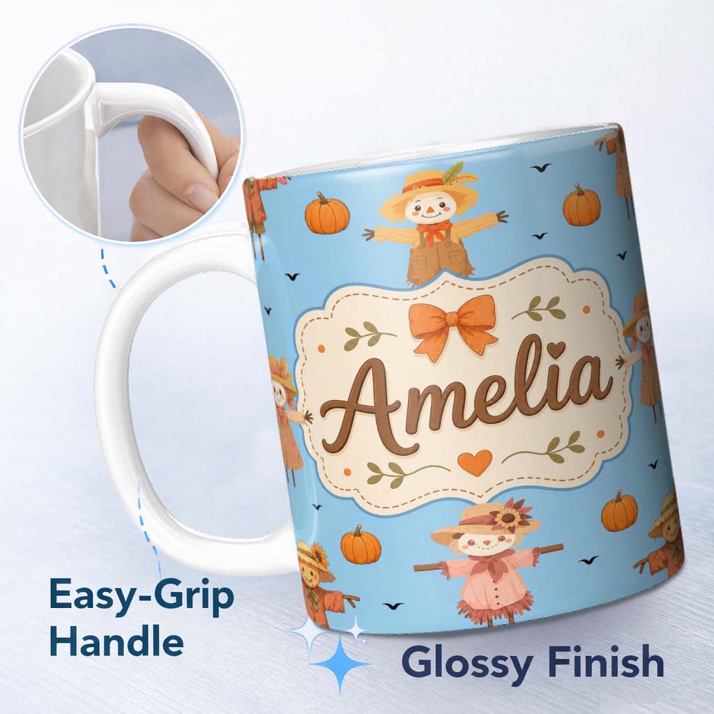 Personalized Custom Name Cute Autumn Scarecrow Pumpkins Birds Sky Seamless Pattern Name 11oz Ceramic Coffee Tea Mug White Large Handle