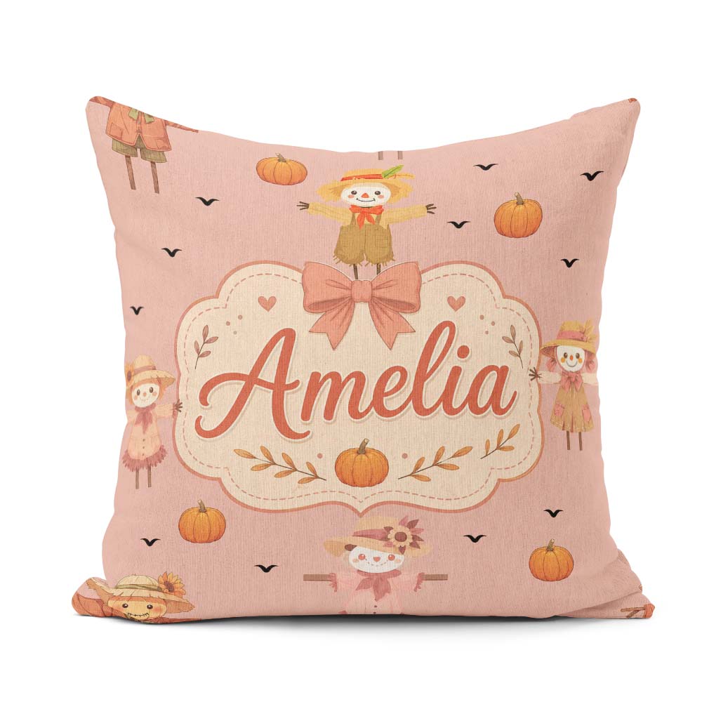 Custom Name Scarecrow Pumpkins Birds Peach Seamless Pattern Name Square Filled Cushion Throw Pillow Sofa Bed Home Decor Zip Washable UK Made