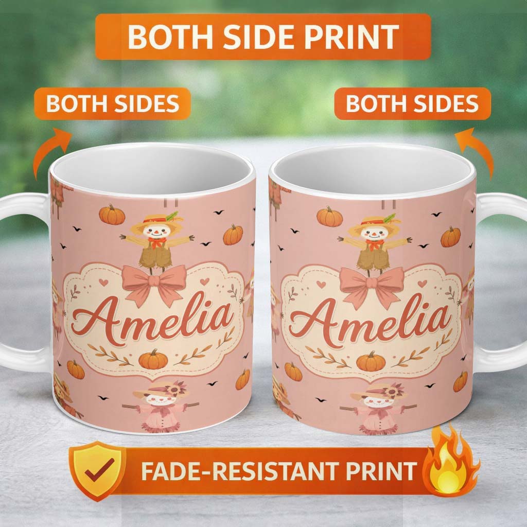 Personalized Custom Name Cute Autumn Scarecrow Pumpkins Birds Peach Seamless Pattern Name 11oz Ceramic Coffee Tea Mug White Large Handle