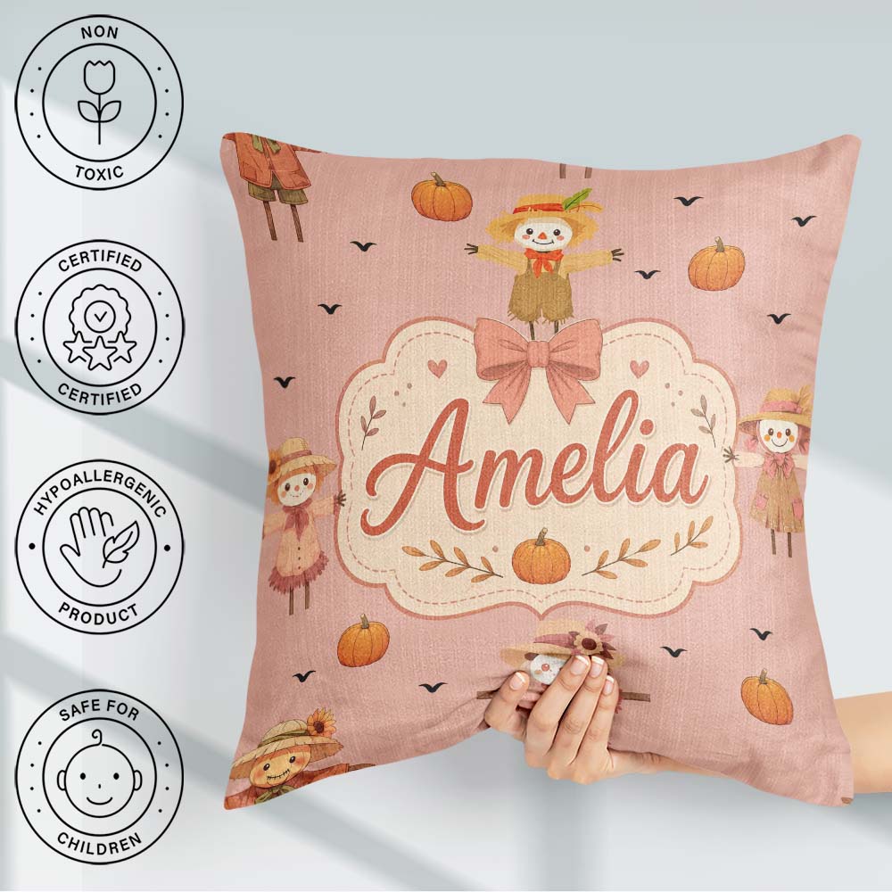 Custom Name Scarecrow Pumpkins Birds Peach Seamless Pattern Name Square Filled Cushion Throw Pillow Sofa Bed Home Decor Zip Washable UK Made