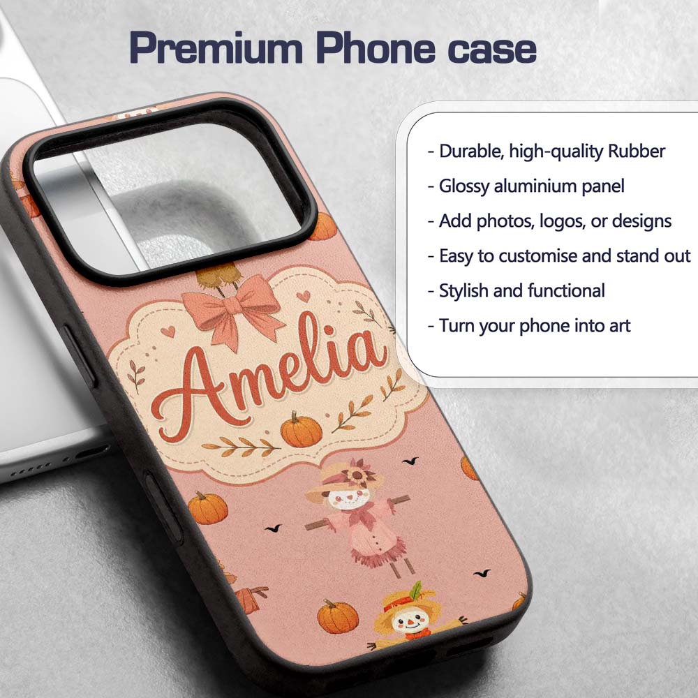 Cute Autumn Scarecrow Pumpkins Printed Design Custom Name Protective Phone Case Mobile Cover Durable Everyday Smartphone Shock Resistant