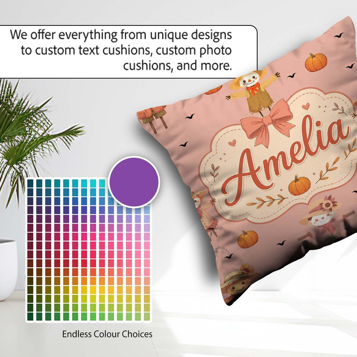 Custom Name Scarecrow Pumpkins Birds Peach Seamless Pattern Name Square Filled Cushion Throw Pillow Sofa Bed Home Decor Zip Washable UK Made