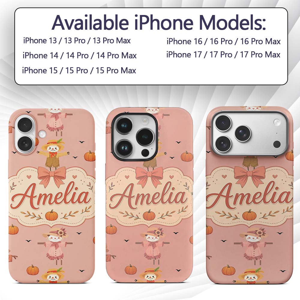 Cute Autumn Scarecrow Pumpkins Printed Design Custom Name Protective Phone Case Mobile Cover Durable Everyday Smartphone Shock Resistant