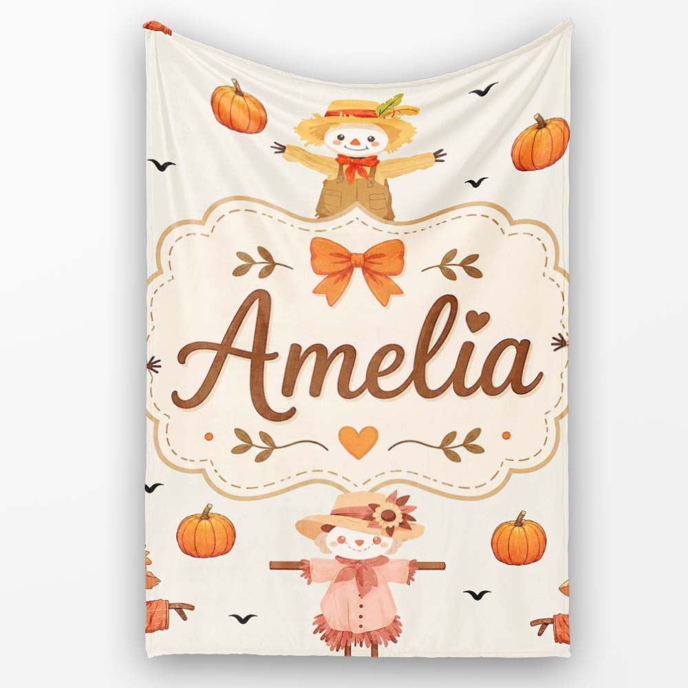 Cute Autumn Scarecrow Pumpkins Birds Cream Seamless Pattern Name Personalised Custom Name Super Soft Fleece Blanket Bed Sofa Throw