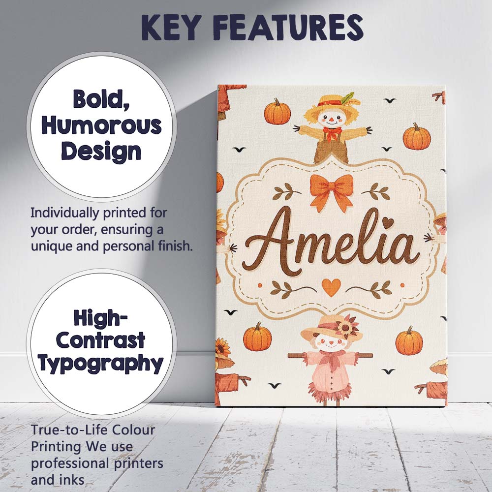 Personalised Name Cute Autumn Scarecrow Custom Modern Room Accent Elegant Feature Canvas Wall Art Print Decor Picture Ready to Hang