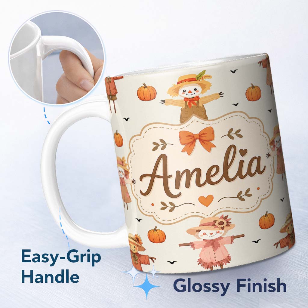 Personalized Custom Name Cute Autumn Scarecrow Pumpkins Birds Cream Seamless Pattern Name 11oz Ceramic Coffee Tea Mug White Large Handle