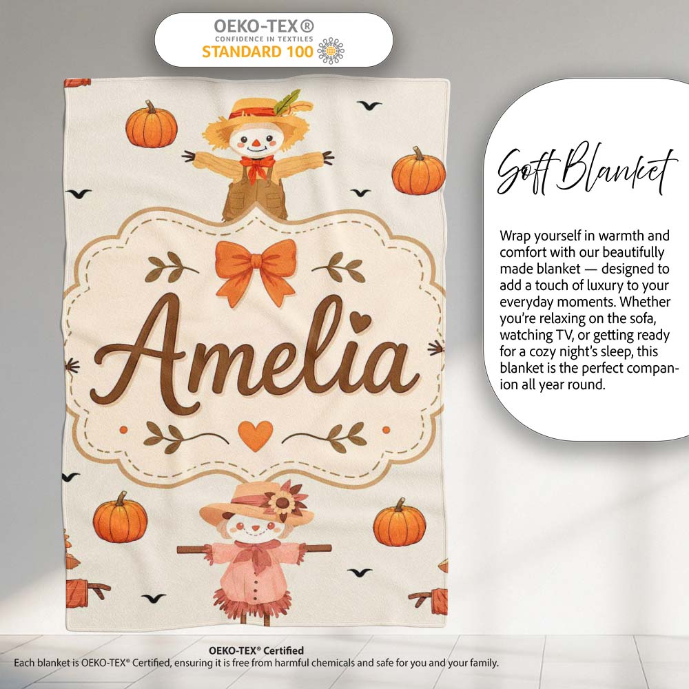 Cute Autumn Scarecrow Pumpkins Birds Cream Seamless Pattern Name Personalised Custom Name Super Soft Fleece Blanket Bed Sofa Throw