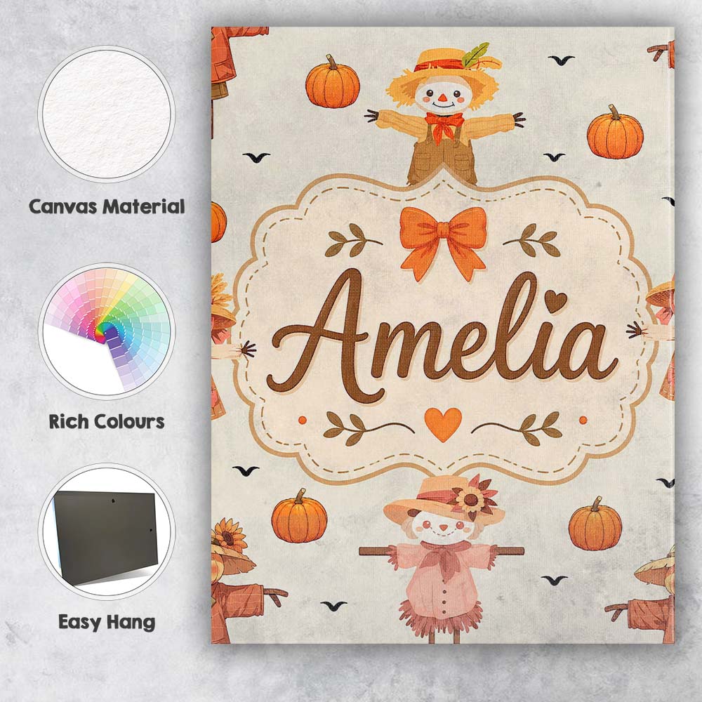 Personalised Name Cute Autumn Scarecrow Custom Modern Room Accent Elegant Feature Canvas Wall Art Print Decor Picture Ready to Hang