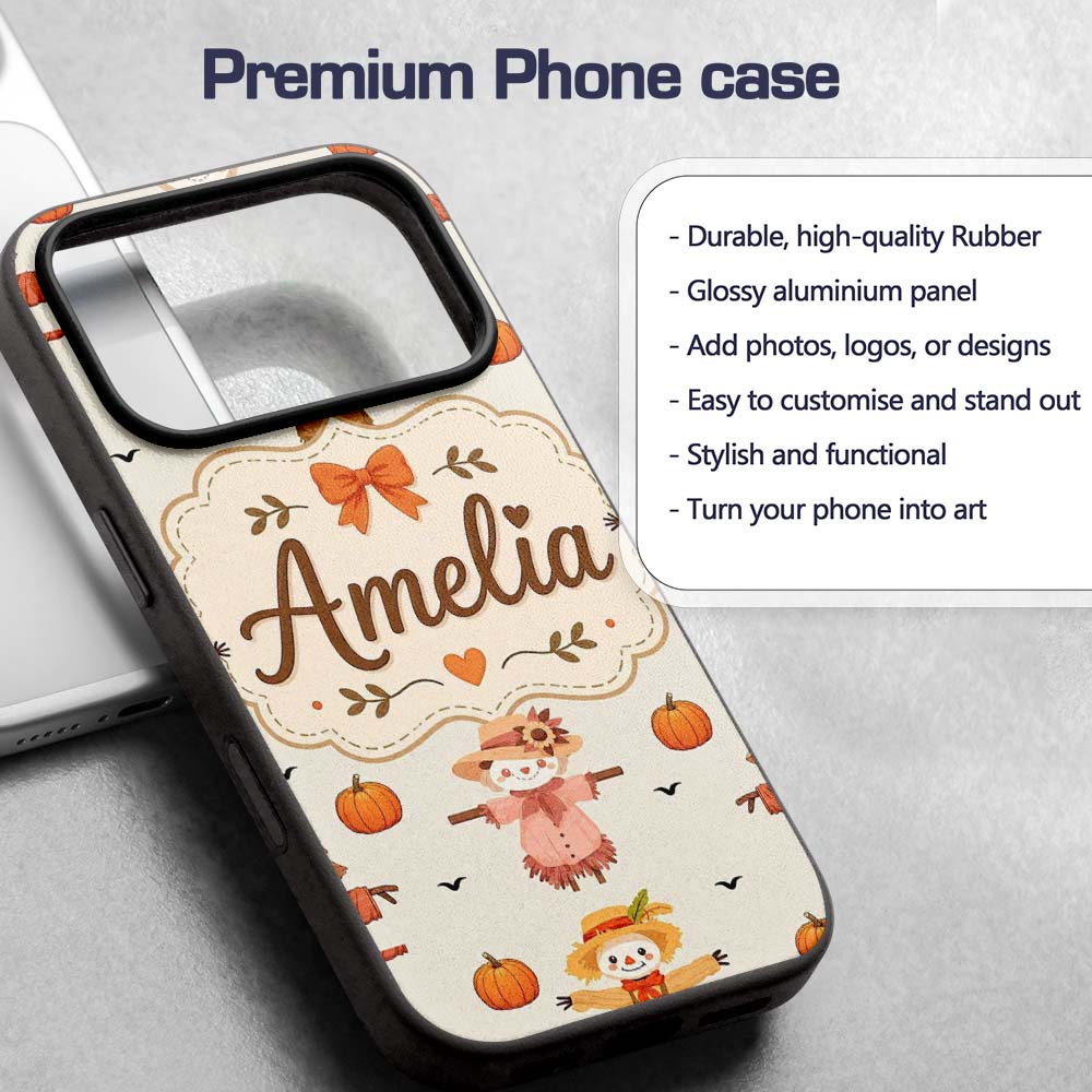 Cute Autumn Scarecrow Pumpkins Printed Design Custom Name Protective Phone Case Mobile Cover Durable Everyday Smartphone Shock Resistant