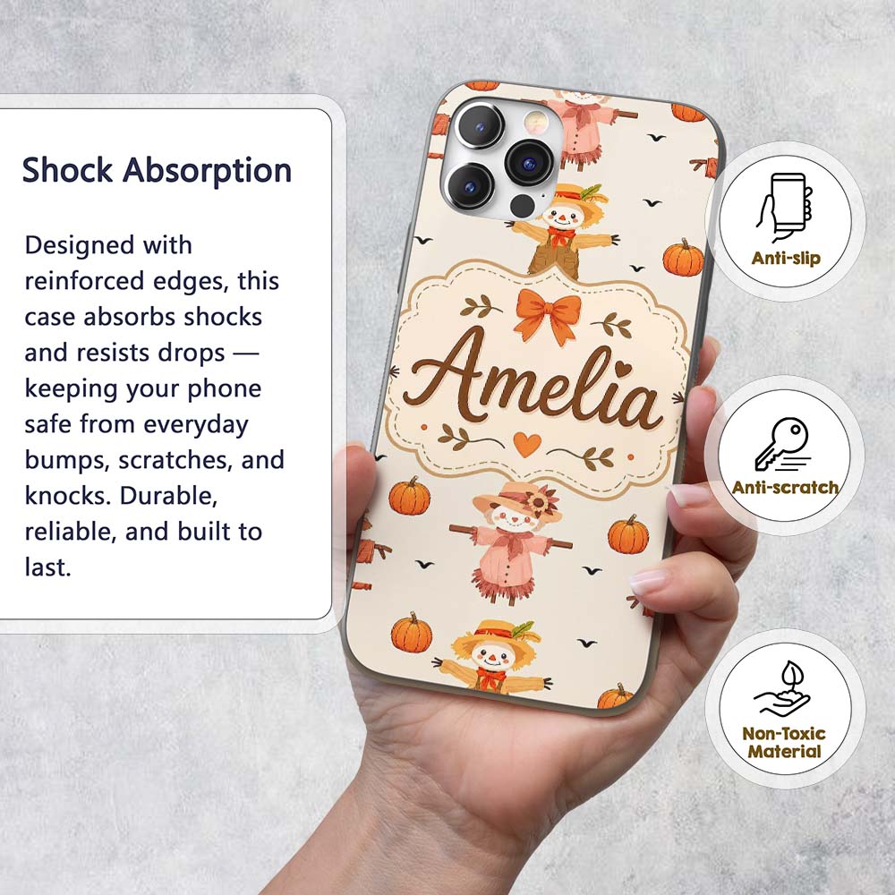 Cute Autumn Scarecrow Pumpkins Printed Design Custom Name Protective Phone Case Mobile Cover Durable Everyday Smartphone Shock Resistant