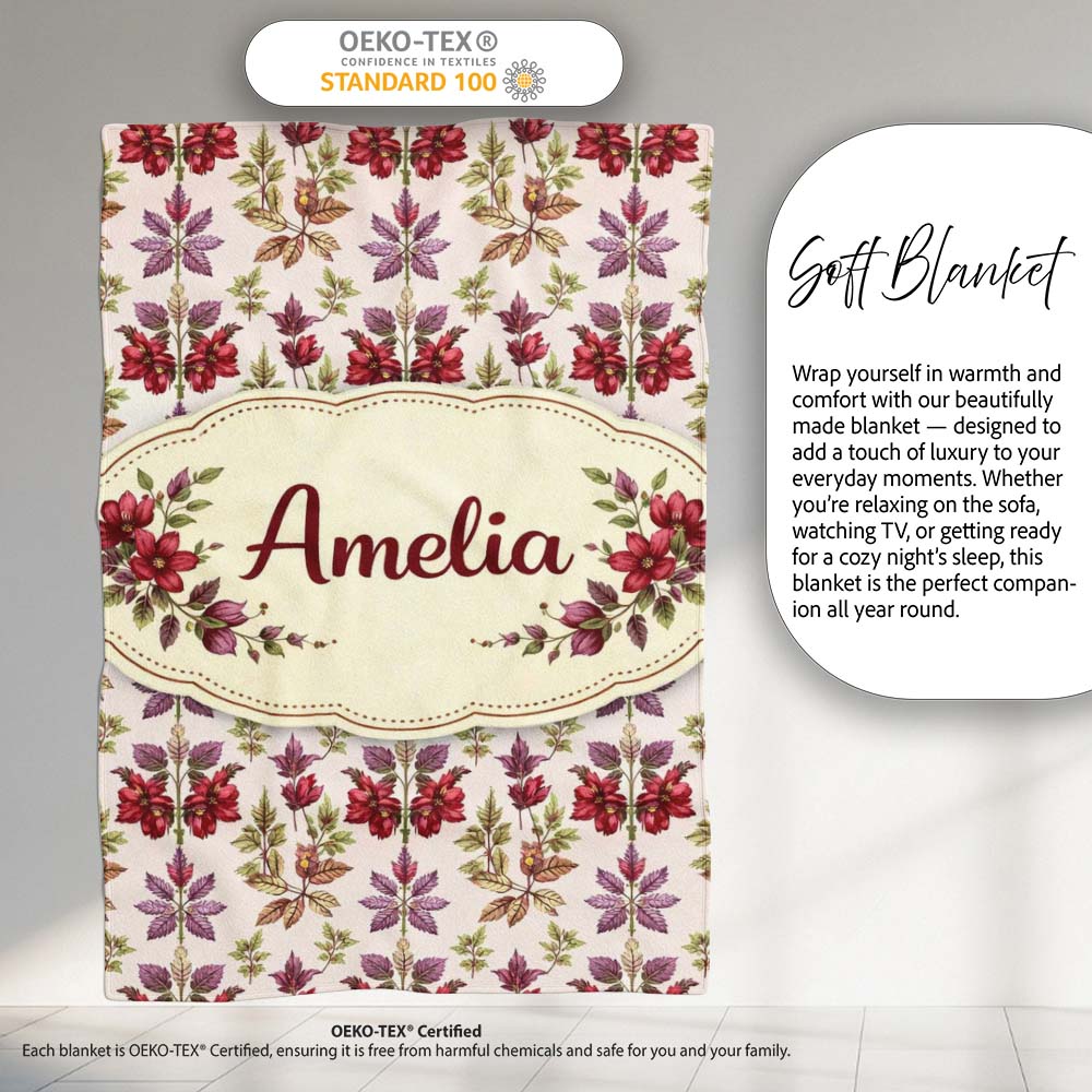 Pastel Watercolor Leaves Soft Botanical Seamless Pattern Lovely Personalised Custom Name Super Soft Fleece Blanket Bed Sofa Throw