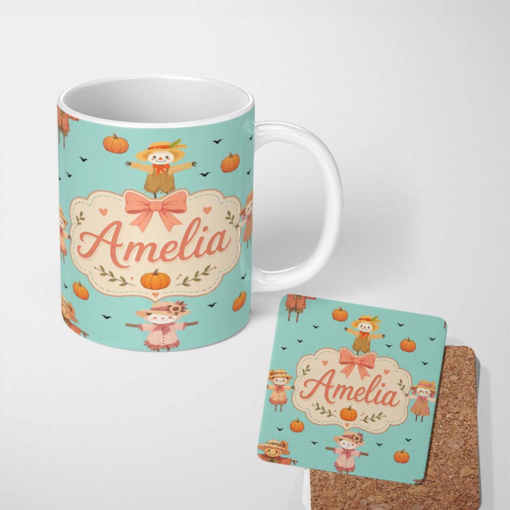 Personalized Custom Name Cute Autumn Scarecrow Pumpkins Flying Birds Teal Seamless Pattern 11oz Ceramic Coffee Tea Mug White Large Handle