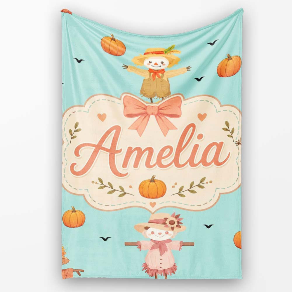 Cute Autumn Scarecrow Pumpkins Flying Birds Teal Seamless Pattern Personalised Custom Name Super Soft Fleece Blanket Bed Sofa Throw