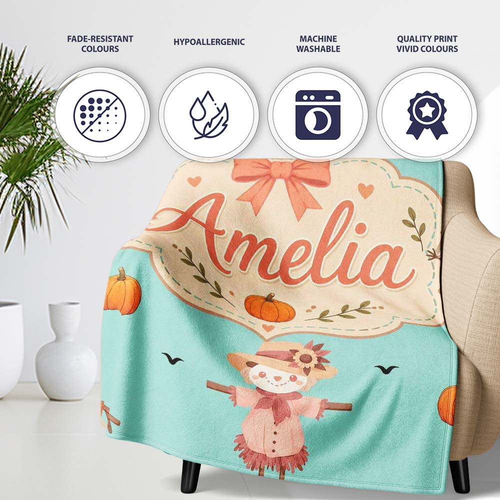 Cute Autumn Scarecrow Pumpkins Flying Birds Teal Seamless Pattern Personalised Custom Name Super Soft Fleece Blanket Bed Sofa Throw