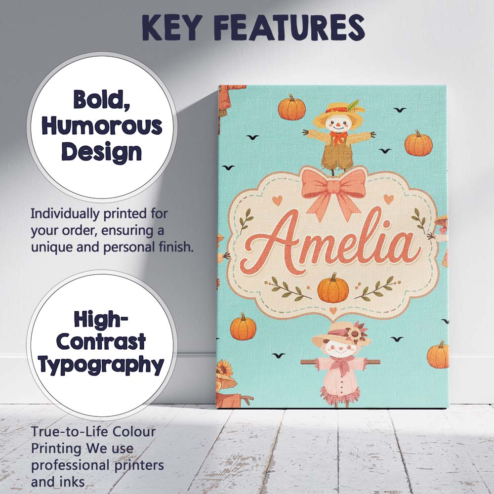 Personalised Name Cute Autumn Scarecrow Custom Modern Room Accent Elegant Feature Canvas Wall Art Print Decor Picture Ready to Hang