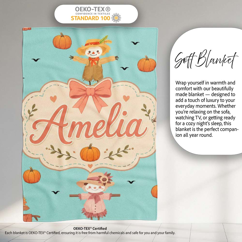 Cute Autumn Scarecrow Pumpkins Flying Birds Teal Seamless Pattern Personalised Custom Name Super Soft Fleece Blanket Bed Sofa Throw