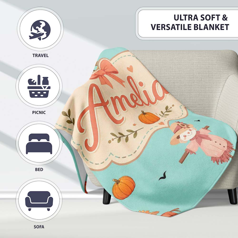 Cute Autumn Scarecrow Pumpkins Flying Birds Teal Seamless Pattern Personalised Custom Name Super Soft Fleece Blanket Bed Sofa Throw