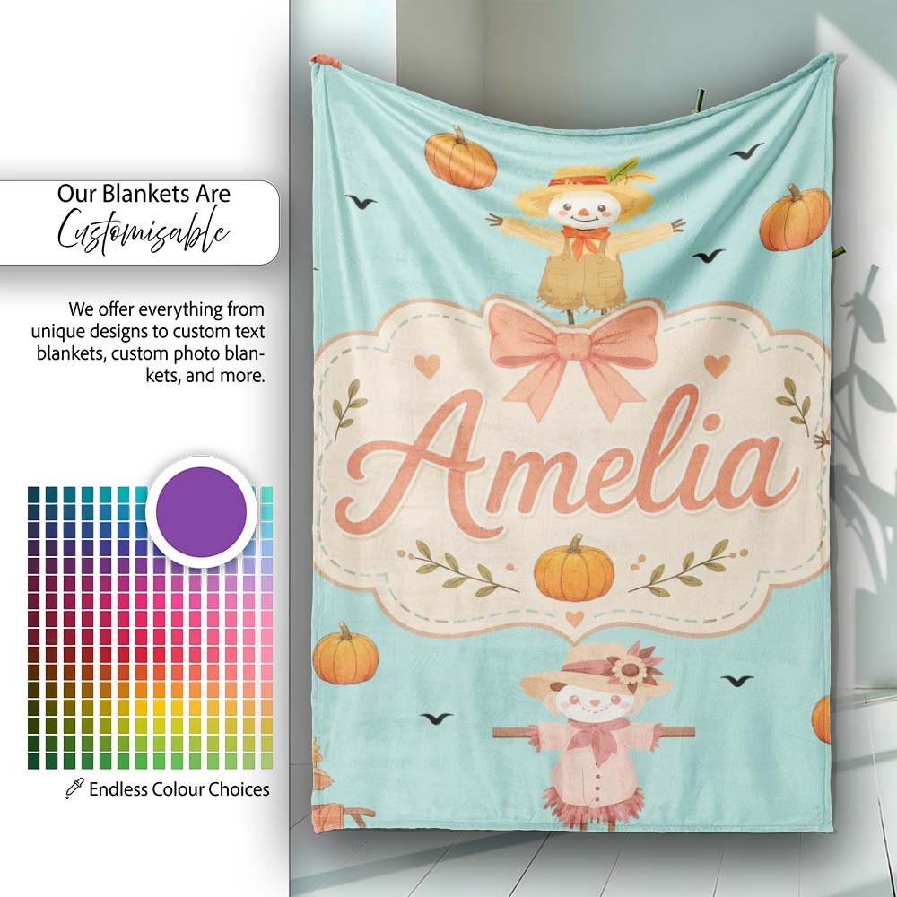 Cute Autumn Scarecrow Pumpkins Flying Birds Teal Seamless Pattern Personalised Custom Name Super Soft Fleece Blanket Bed Sofa Throw
