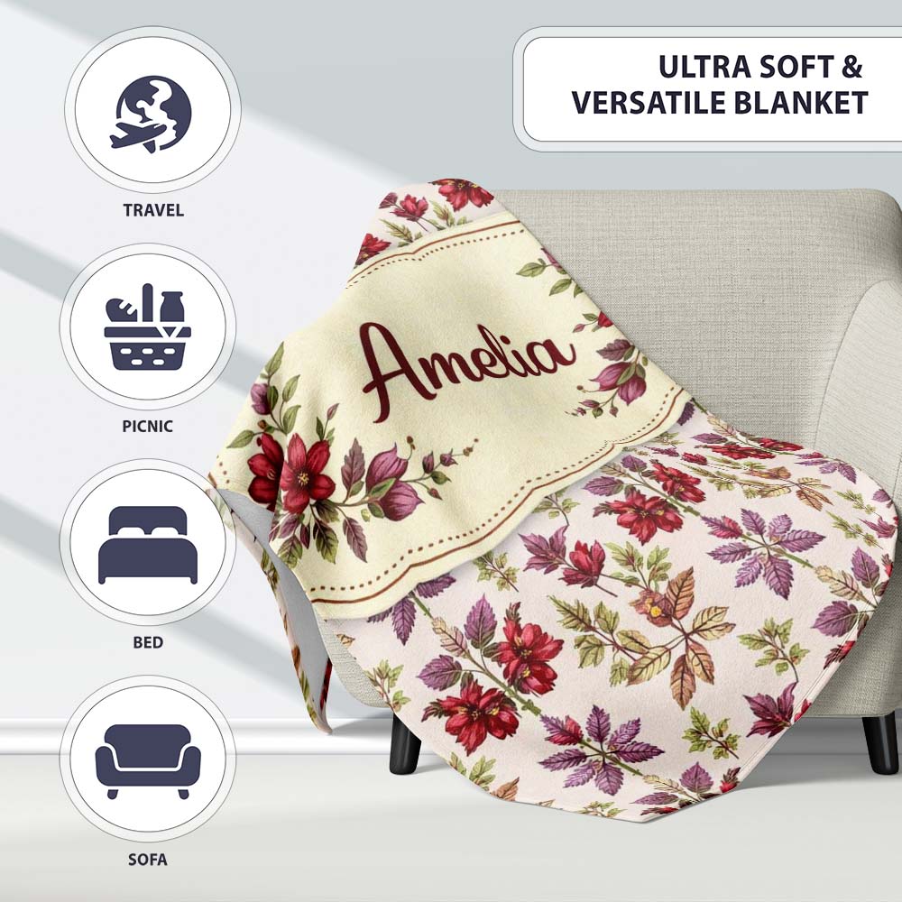 Pastel Watercolor Leaves Soft Botanical Seamless Pattern Lovely Personalised Custom Name Super Soft Fleece Blanket Bed Sofa Throw