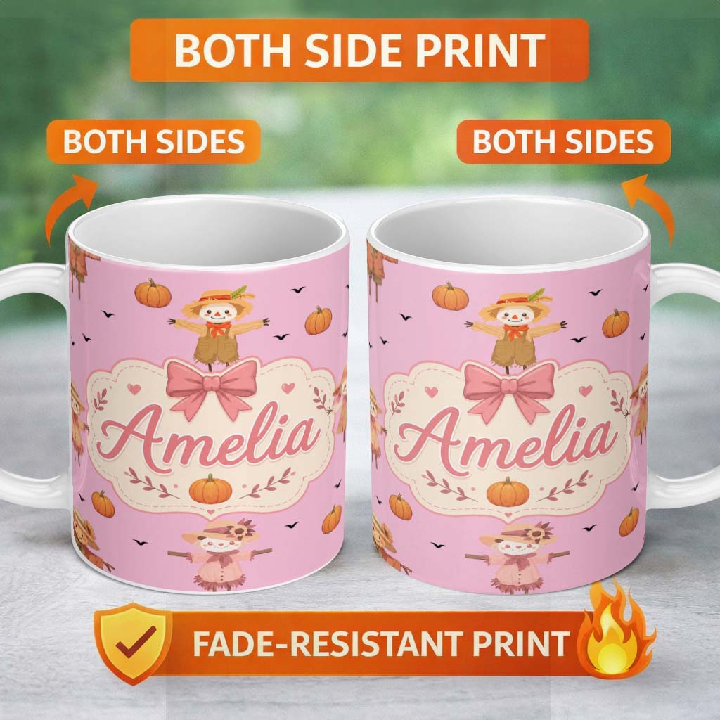 Personalized Custom Name Cute Autumn Scarecrow Pumpkins Flying Birds Pink Seamless Pattern 11oz Ceramic Coffee Tea Mug White Large Handle