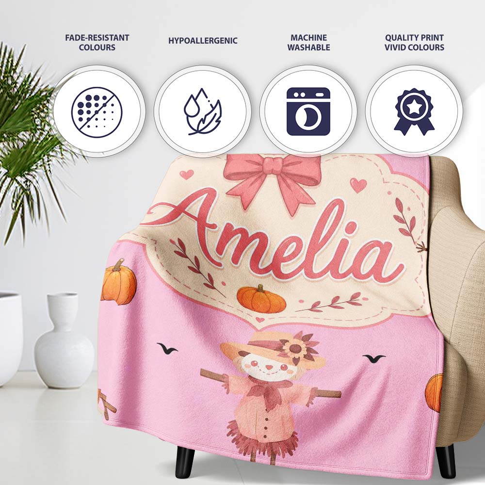 Cute Autumn Scarecrow Pumpkins Flying Birds Pink Seamless Pattern Personalised Custom Name Super Soft Fleece Blanket Bed Sofa Throw