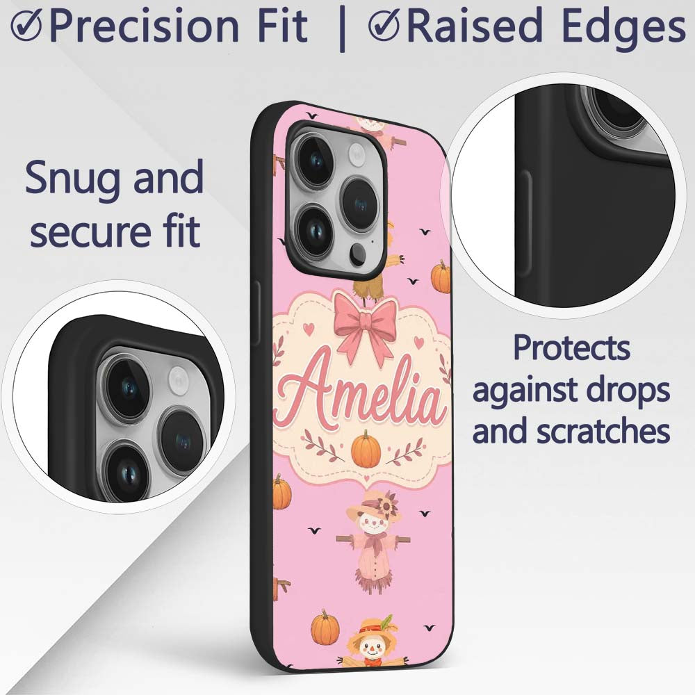 Cute Autumn Scarecrow Pumpkins Flying Birds Pink Custom Name Protective Phone Case Mobile Cover Durable Everyday Smartphone Shock Resistant
