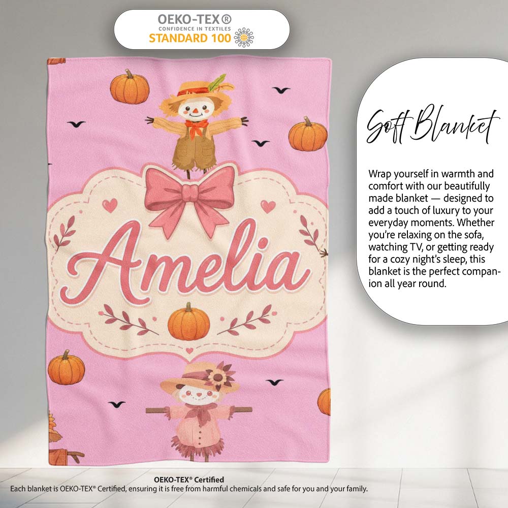 Cute Autumn Scarecrow Pumpkins Flying Birds Pink Seamless Pattern Personalised Custom Name Super Soft Fleece Blanket Bed Sofa Throw