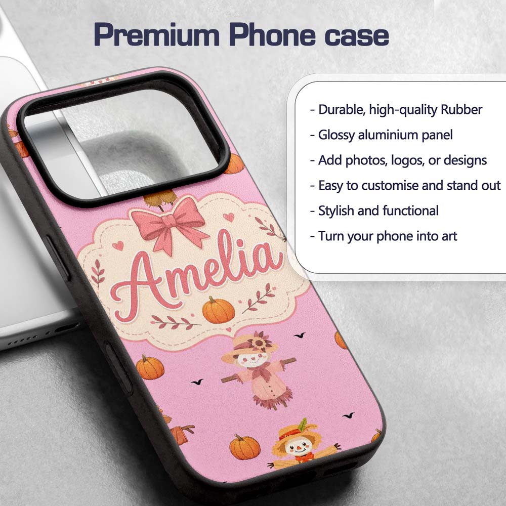 Cute Autumn Scarecrow Pumpkins Flying Birds Pink Custom Name Protective Phone Case Mobile Cover Durable Everyday Smartphone Shock Resistant