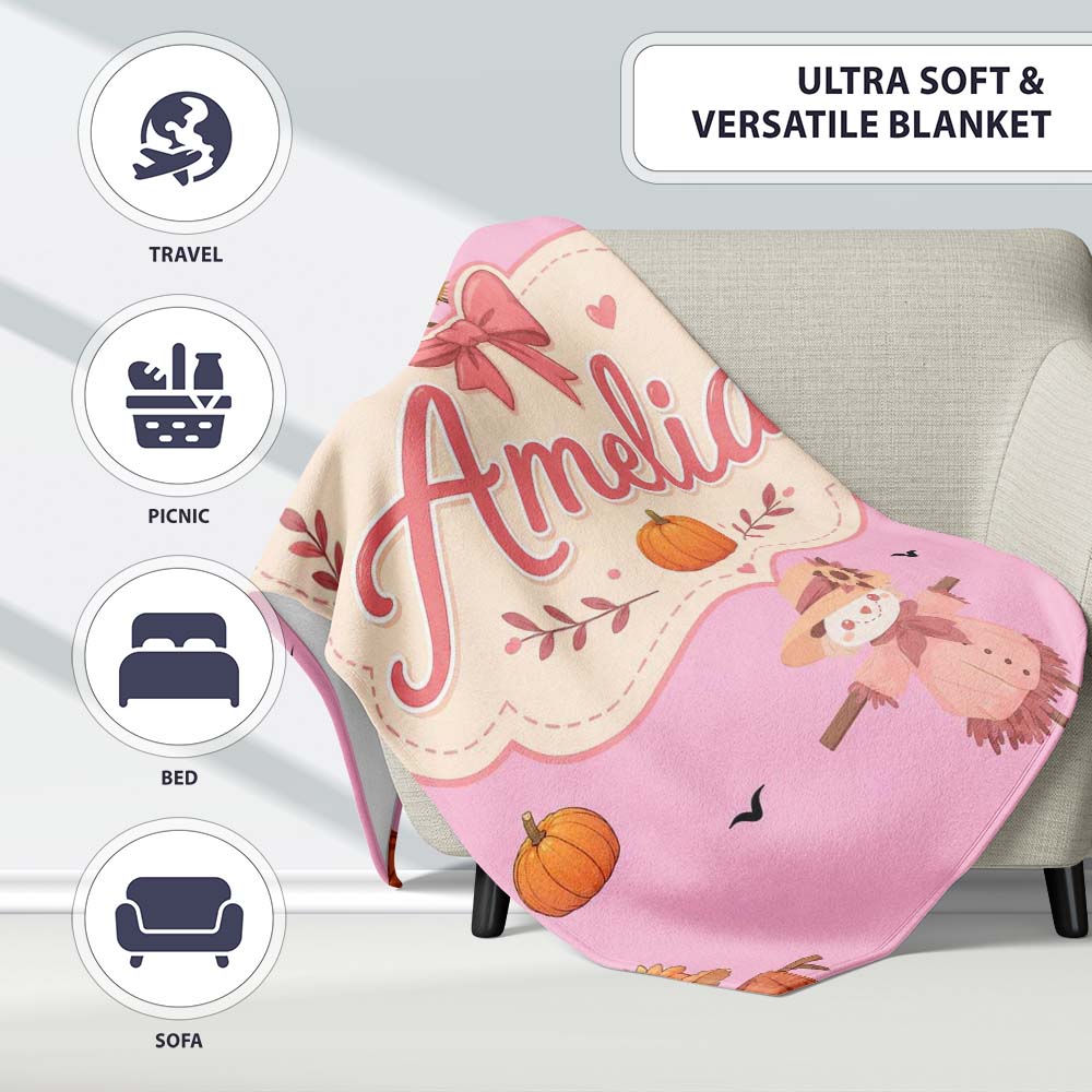 Cute Autumn Scarecrow Pumpkins Flying Birds Pink Seamless Pattern Personalised Custom Name Super Soft Fleece Blanket Bed Sofa Throw