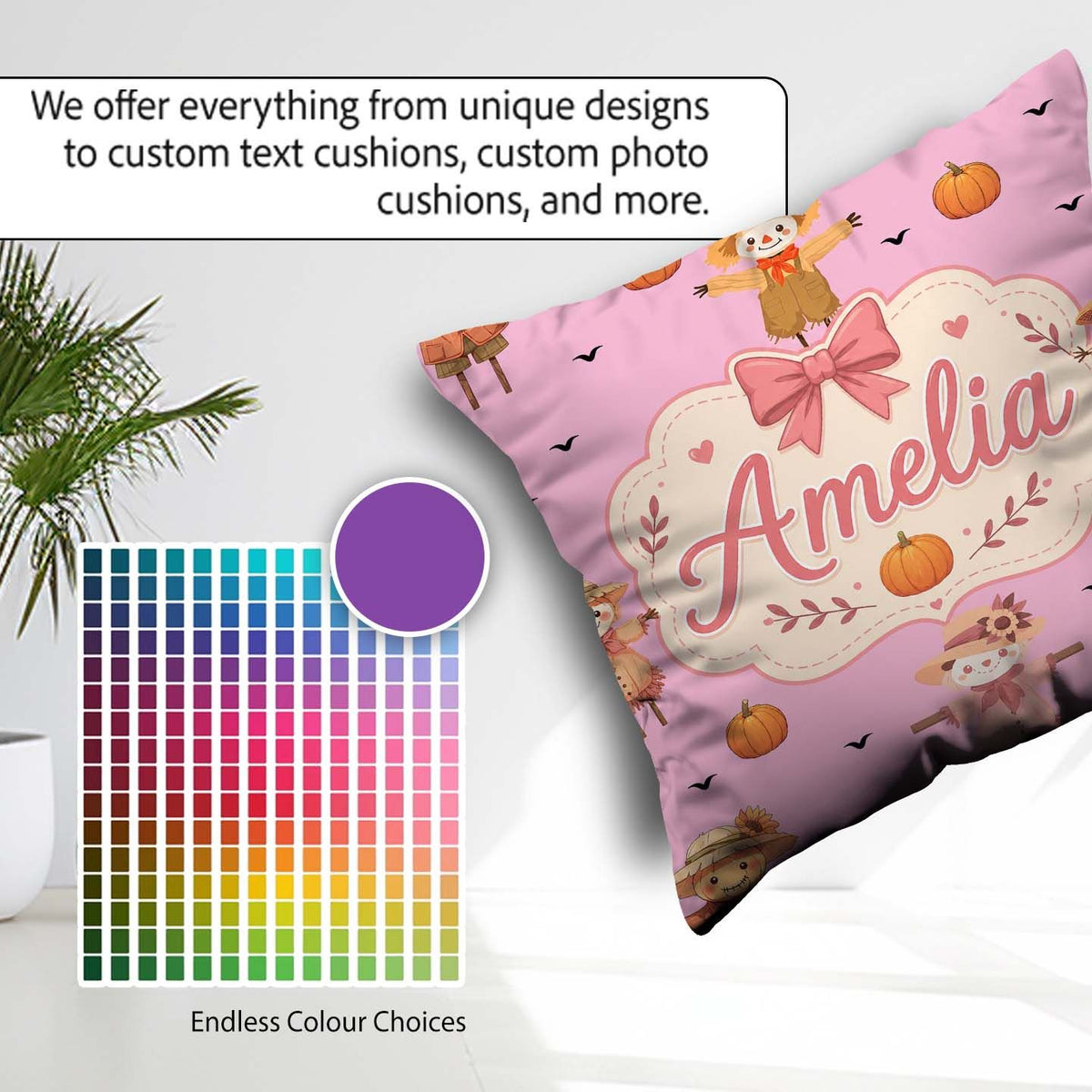 Custom Name Autumn Scarecrow Pumpkins Flying Birds Pink Seamless Square Filled Cushion Throw Pillow Sofa Bed Home Decor Zip Washable UK Made