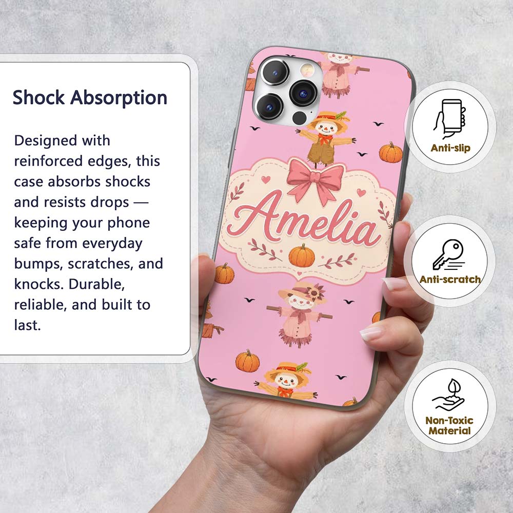 Cute Autumn Scarecrow Pumpkins Flying Birds Pink Custom Name Protective Phone Case Mobile Cover Durable Everyday Smartphone Shock Resistant