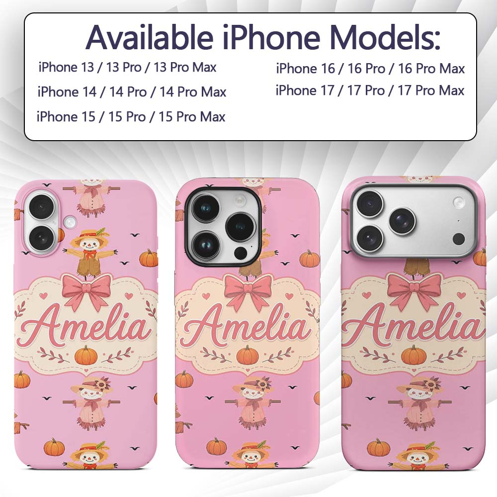 Cute Autumn Scarecrow Pumpkins Flying Birds Pink Custom Name Protective Phone Case Mobile Cover Durable Everyday Smartphone Shock Resistant