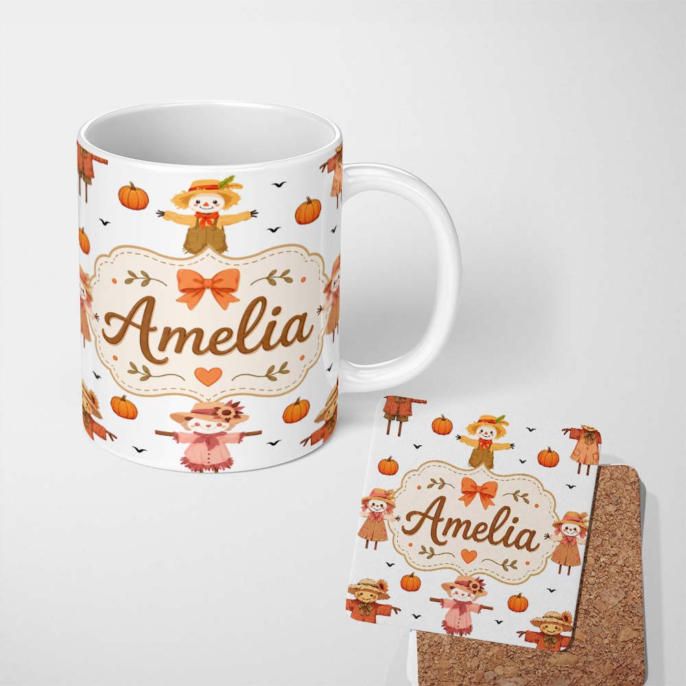 Personalized Custom Name Cute Autumn Scarecrow Pumpkins Flying Birds Grey Seamless Pattern 11oz Ceramic Coffee Tea Mug White Large Handle