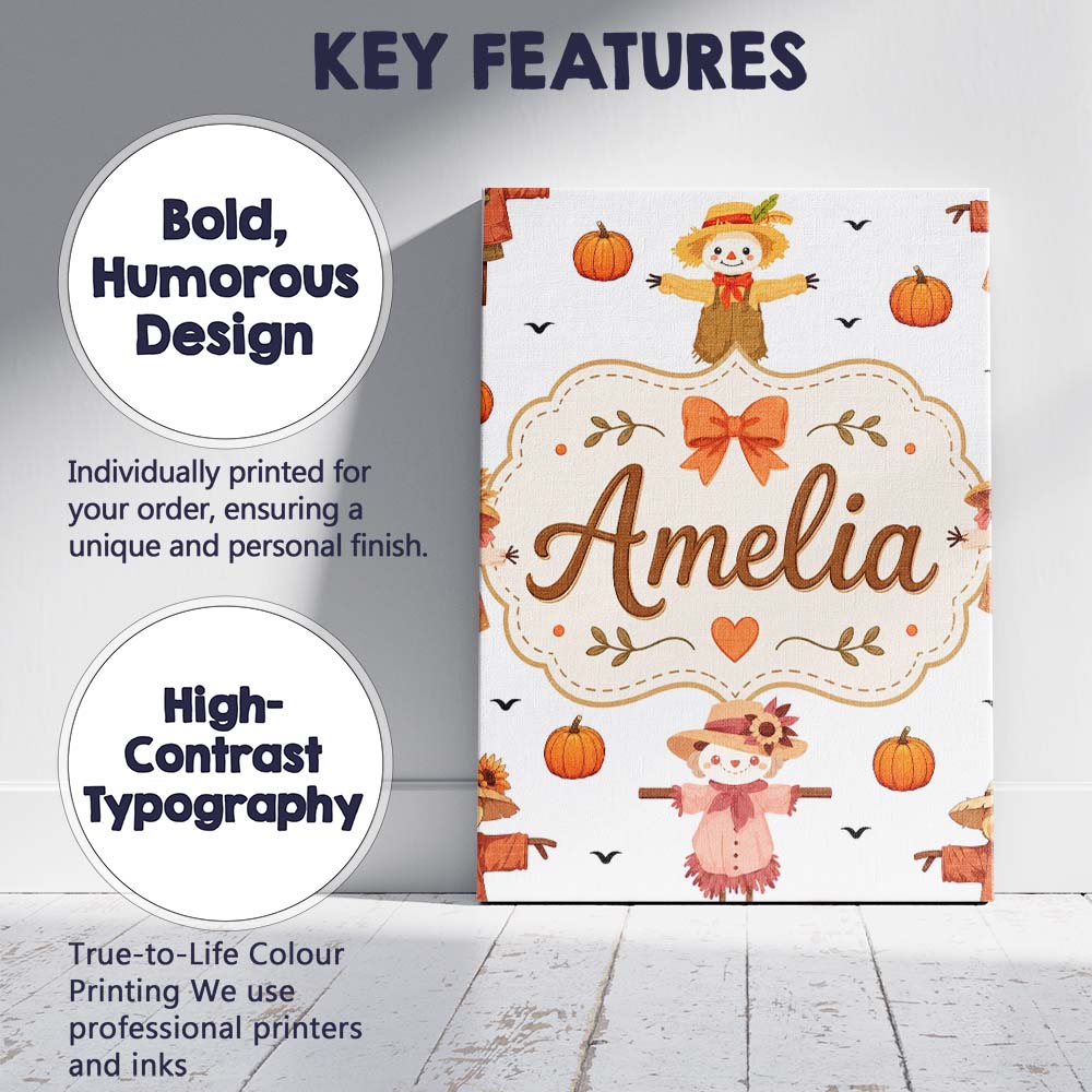 Personalised Name Cute Autumn Scarecrow Custom Modern Room Accent Elegant Feature Canvas Wall Art Print Decor Picture Ready to Hang