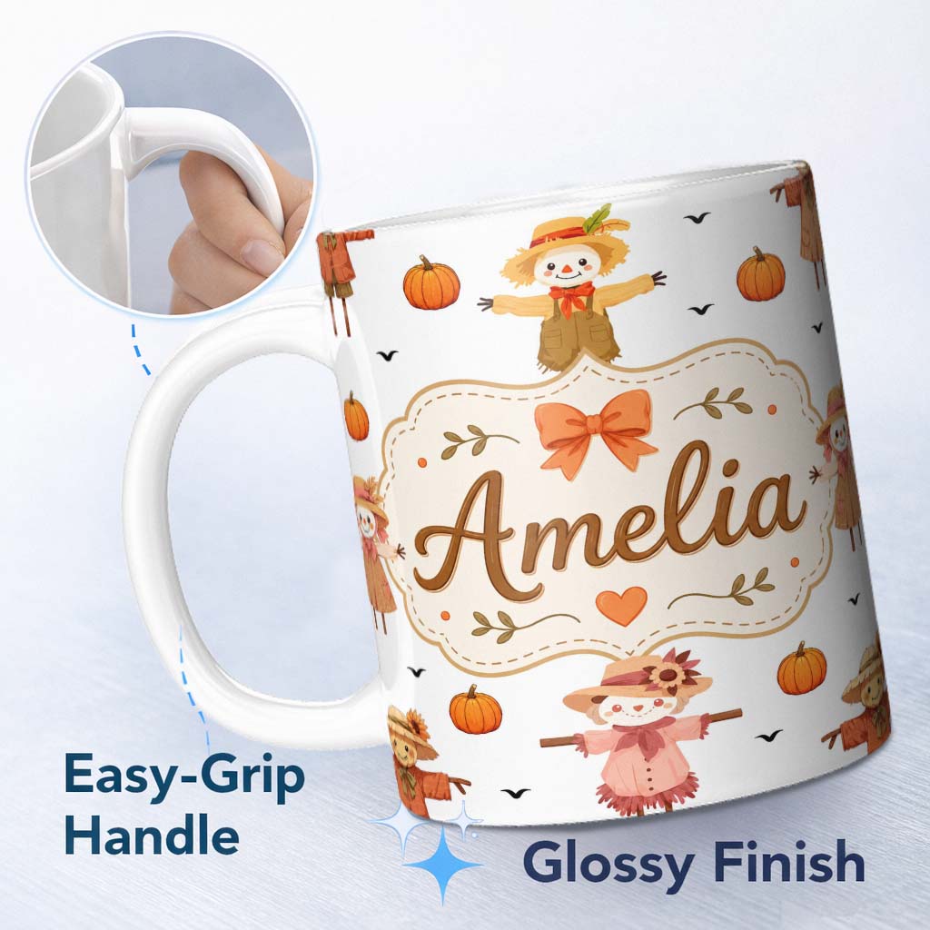 Personalized Custom Name Cute Autumn Scarecrow Pumpkins Flying Birds Grey Seamless Pattern 11oz Ceramic Coffee Tea Mug White Large Handle