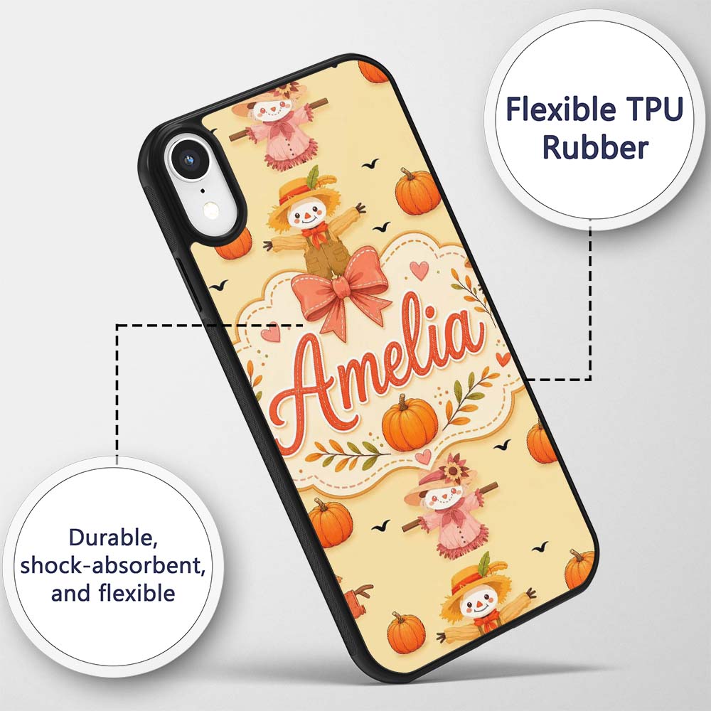 Cute Autumn Scarecrow Pumpkins Printed Design Custom Name Protective Phone Case Mobile Cover Durable Everyday Smartphone Shock Resistant