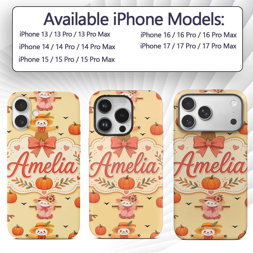 Cute Autumn Scarecrow Pumpkins Printed Design Custom Name Protective Phone Case Mobile Cover Durable Everyday Smartphone Shock Resistant
