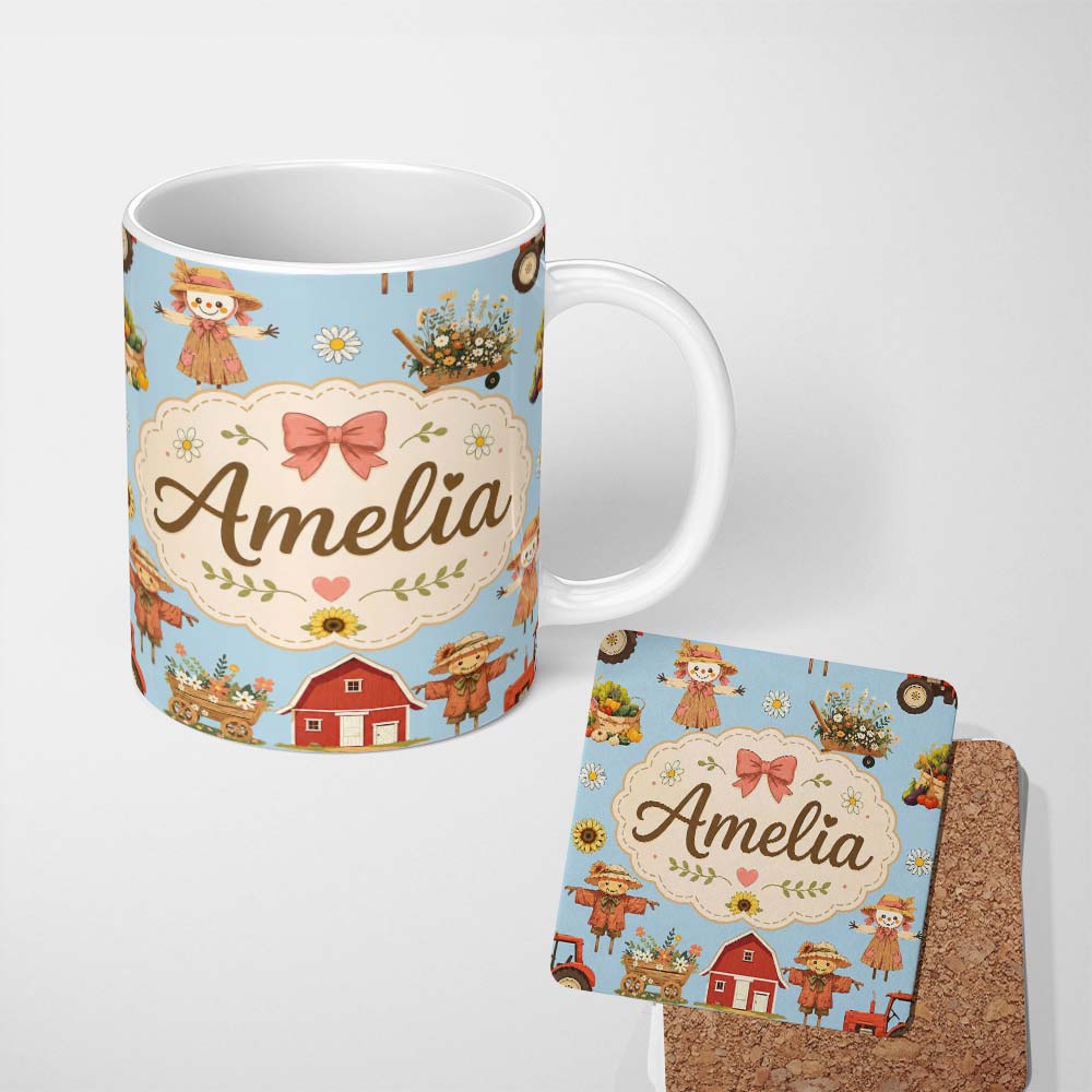 Personalized Custom Name Cute Autumn Farm Barn Scarecrow Sunflower Floral Blue Seamless 11oz Ceramic Coffee Tea Mug White Large Handle